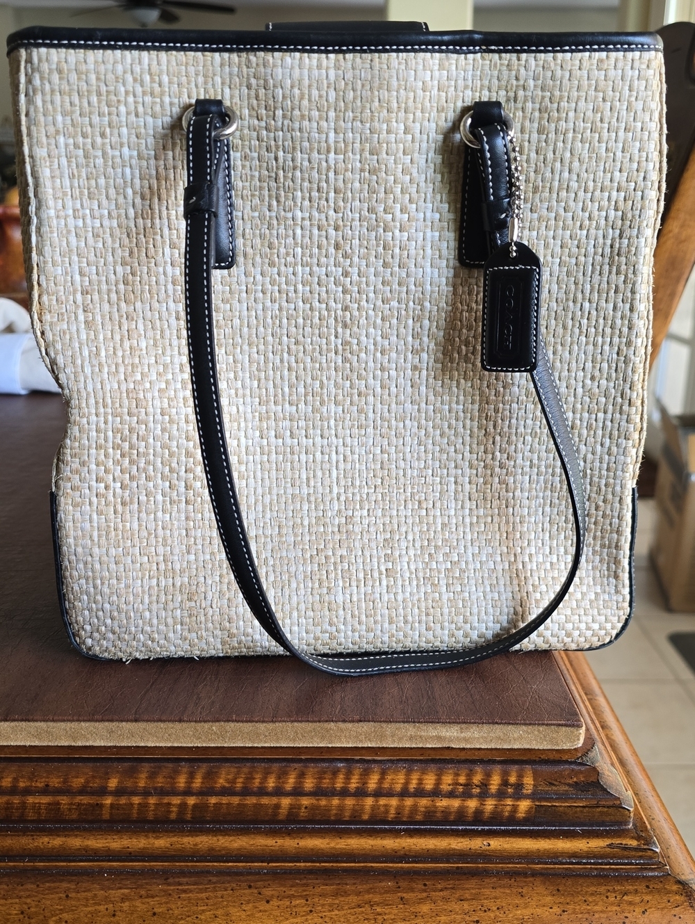 Vintage Coach Cabana Tote with Black Leather Trim